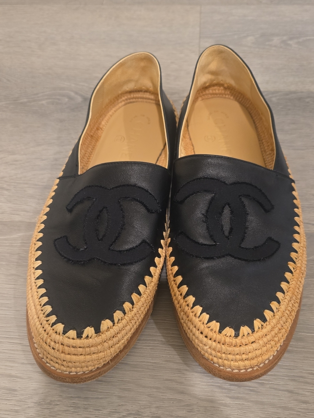 CHANEL Black Leather Raffia-Trim Loafers